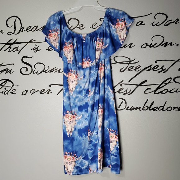 Wonderland by Orange Blue Cow Skull Off The Shoulder Dress, L - Picture 6 of 7